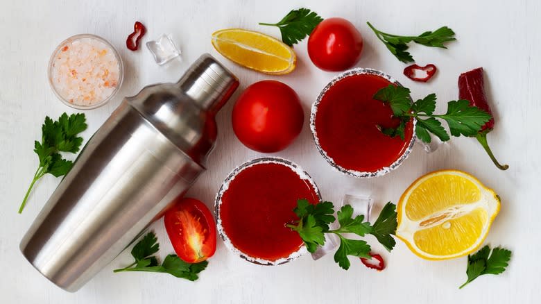 Cocktail shaker and Bloody Mary ingredients