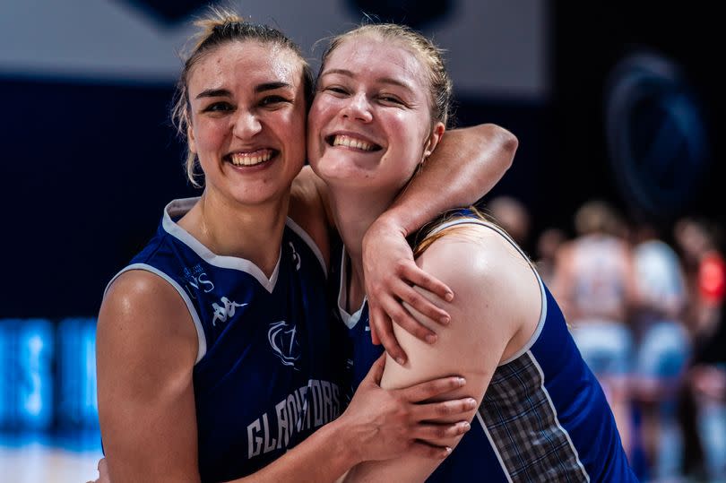 Ariadna Pujol (left) with Samantha Roscoe of Caledonia Gladiators Women celebrate after securing second spot and a play-off place -Credit:Ross Wardrop