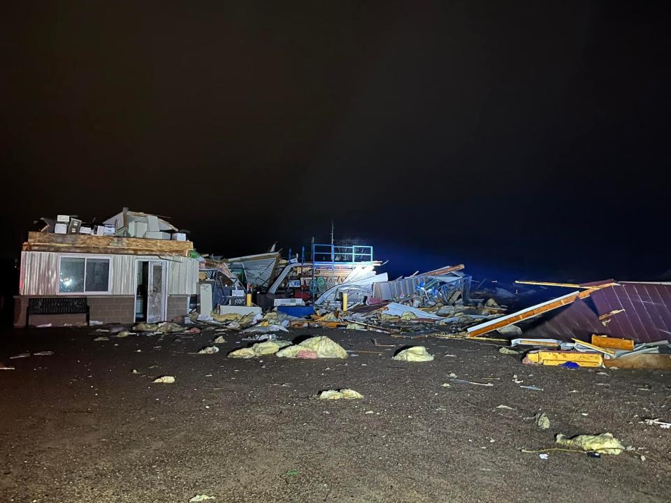 A structure in Stanley is destroyed from a tornado that reached peak wind speeds of 120 mph on Wednesday, Dec. 15.