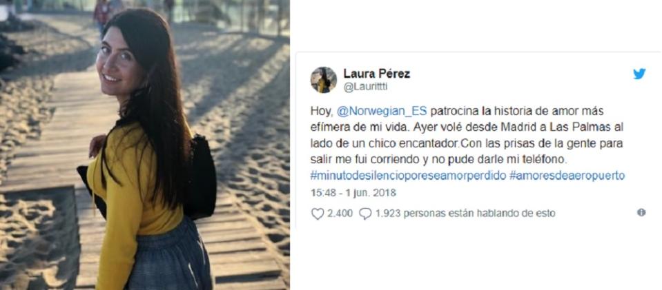 Laura compartió un vuelo con un hombre que no ha podido olvidar y solicitó ayuda a la aerolínea a través de las redes sociales. Foto: Twitter.com/Laurittti