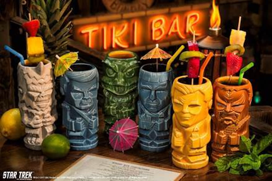 <p>Kirk, Spock, McCoy, a Gorn, a Klingon, and a Mugato boldly go into a tiki bar… (Photo: ThinkGeek) </p>