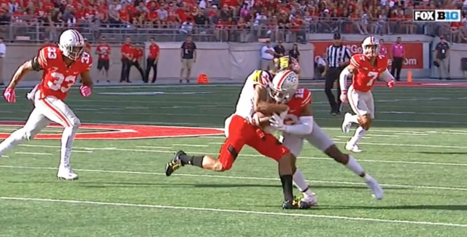 Ohio State’s Denzel Ward was ejected after a vicious hit that was ruled for targeting. (Screen shot via Fox)