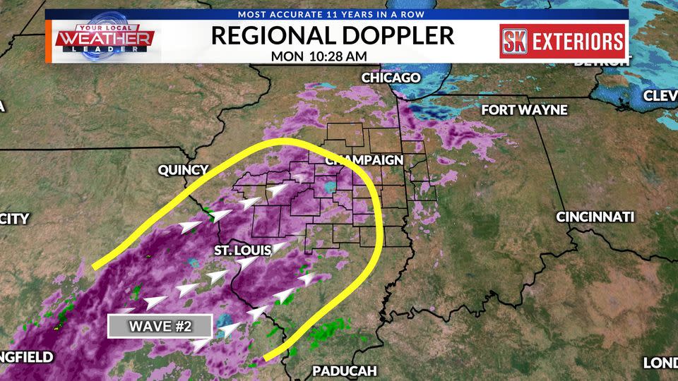 May be an image of map and text that says 'YOURLOCL WEATHER EADER MOST ACCURATE 11 YEARS IN ROW REGIONAL DOPPLER MON 10:28 AM CHICAGO SK EXTERIORS QUINCY FORT WAYNE CITY CLEV LAMPAIGN ST. ST.LOUIS, CINCINNATI WAVE WAVE#2 #2 GFIELD PADUCAH LOND'