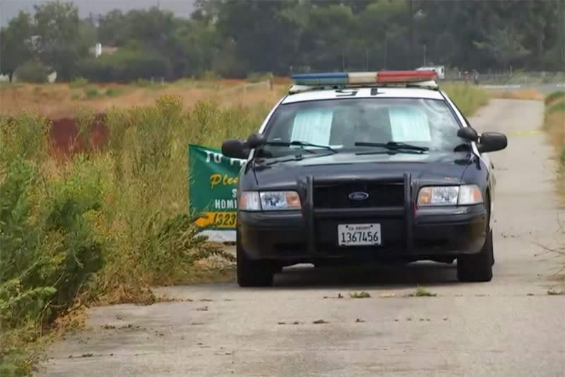 A police vehicle near the scene of a lightning strike death that killed a woman and her two dogs in Pico Rivera, California, on Wednesday morning. (KNBC)