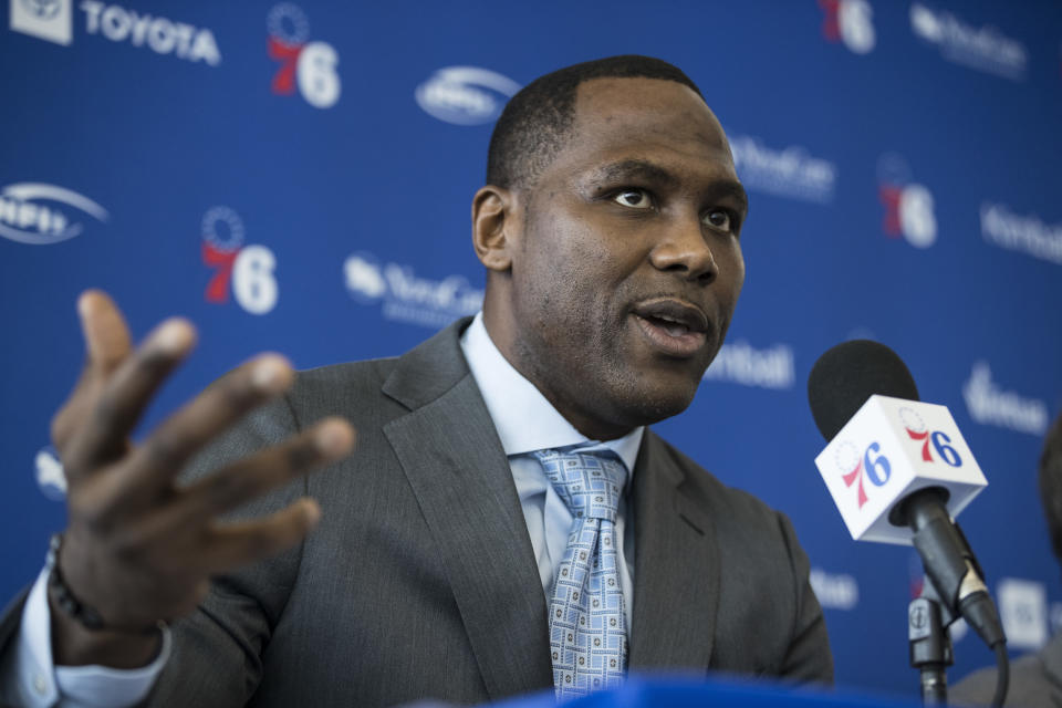 Philadelphia 76ers incoming general manager Elton Brand speaks at the NBA basketball team's practice facility in Camden, N.J., Thursday, Sept. 20, 2018. (AP Photo/Matt Rourke)