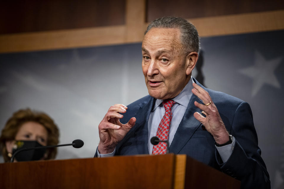 Senate Majority Leader Chuck Schumer, D-N.Y., speaks during a news conference at the Capitol in Washington, Tuesday, March 16, 2021. (Samuel Corum/Pool via AP)