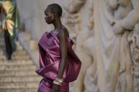 A model wears a creation for the Rick Owens ready-to-wear Spring/Summer 2023 fashion collection presented Thursday, Sept. 29, 2022 in Paris. (AP Photo/Francois Mori)