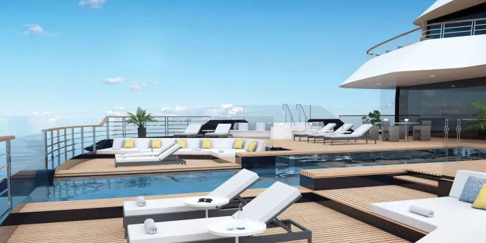 A rendering of the aft main pool deck on the Ritz-Carlton Evrima.