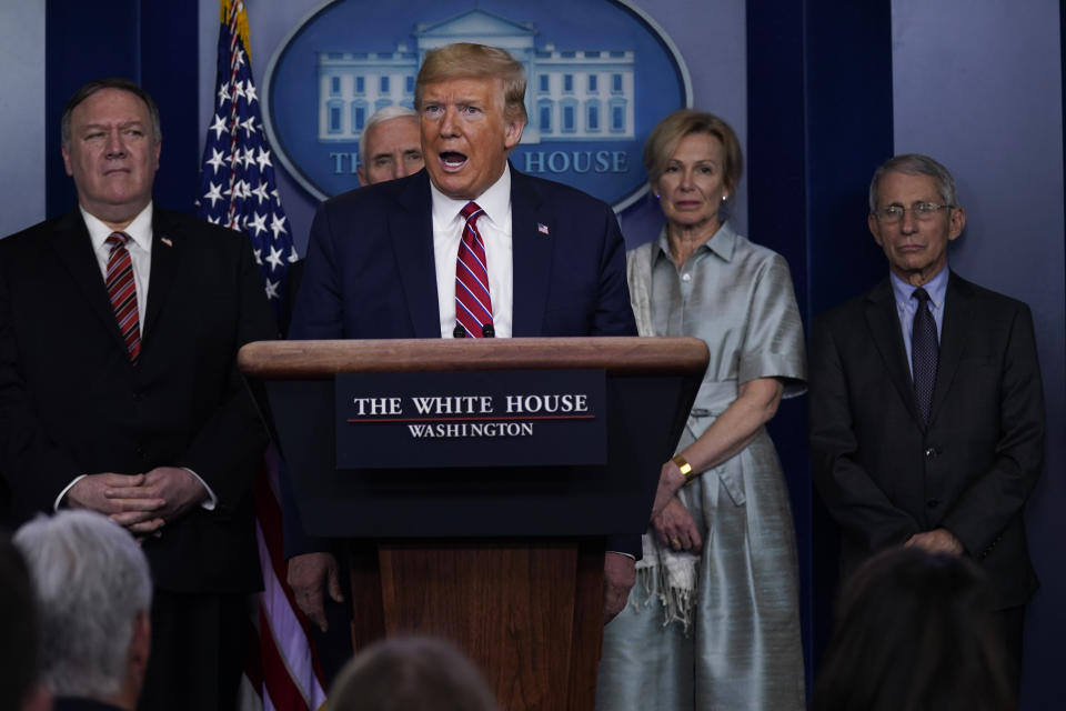 President Donald Trump speaks during a coronavirus task force briefing at the White House, Friday, March 20, 2020, in Washington. From left, Secretary of State Mike Pompeo Vice President Mike Pence, Trump, White House coronavirus response coordinator Dr. Deborah Birx and Director of the National Institute of Allergy and Infectious Diseases Dr. Anthony Fauci. (AP Photo/Evan Vucci)