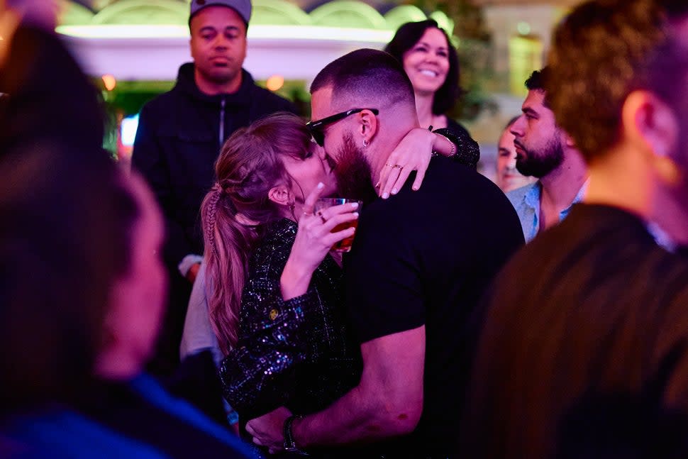 Taylor Swift and Travis Kelce Share Celebratory Kiss inside DJ Booth at XS Nightclub inside Wynn Las Vegas on Feb. 11_Photo Credit Mike Kirschbaum_Wynn Las Vegas