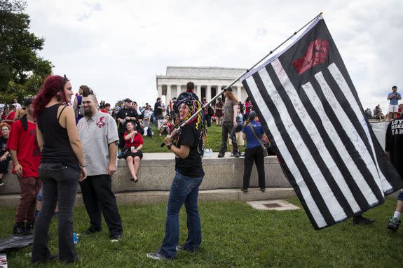 WASHINGTON, DC - SEPTEMBER 16: People gather for a rally before the start of the Juggalo March, at the Lincoln Memorial on the National Mall, September 16, 2017 in Washington, DC. Fans of the band Insane Clown Posse, known as Juggalos, are protesting their identification as a gang by the FBI in a 2011 National Gang Threat Assessment. (Photo by Al Drago/Getty Images