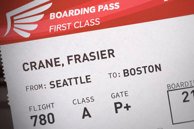 Frasier Crane plane ticket to Boston from "Frasier" reboot for Paramount+<p>Paramount&plus;</p>