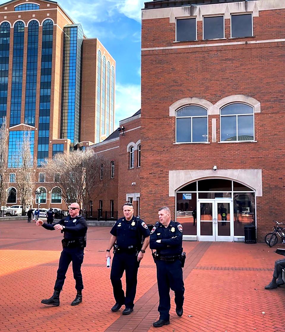A file photo of Murfreesboro Police Department officers arrive at Linebaugh Library's Civic Plaza on Saturday morning, Jan. 28, for security during the Teens Against Gender Mutilation Rally sponsored by Turning Point USA.
