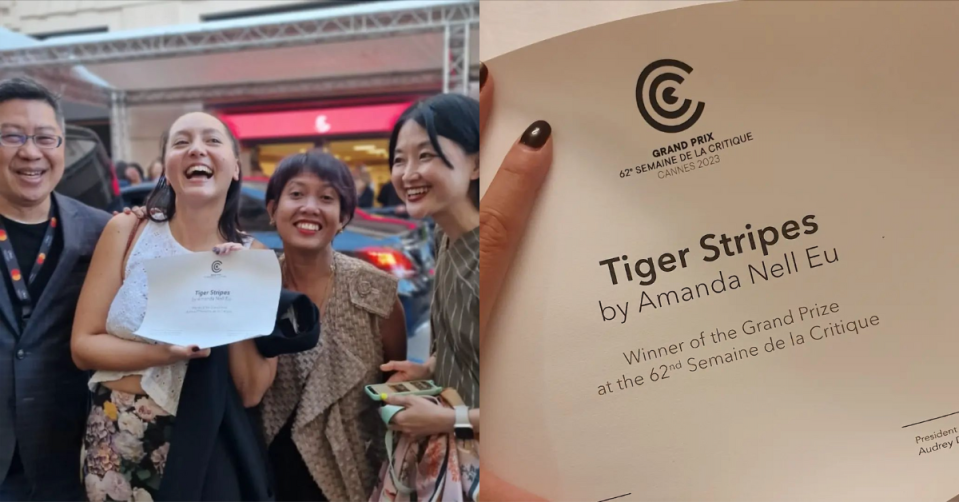 余修善（左二）在坎城獲獎，與製片傅慧齡（右起）、印尼製片Yulia Evina Bhara及黃茂昌（左一）合影。 （翻攝自余修善IG）