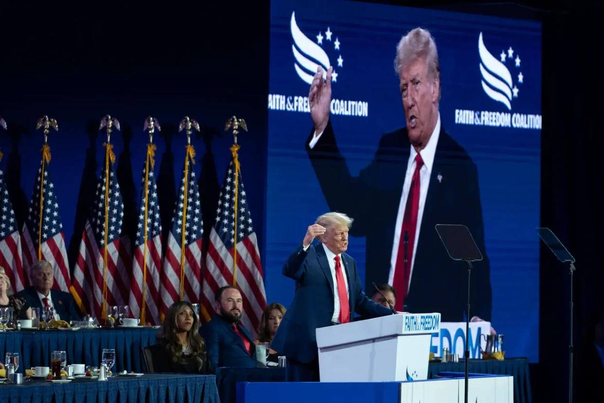 Former President Donald Trump speaks to members of the Faith & Freedom Coalition in Washington on June 24.