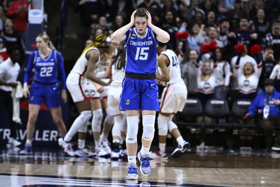 Creighton's Lauren Jensen (15) reacts after a teammate was called for a foul in the final seconds of an NCAA college basketball game against UConn, Wednesday, Feb. 15, 2023, in Storrs, Conn. (AP Photo/Jessica Hill)