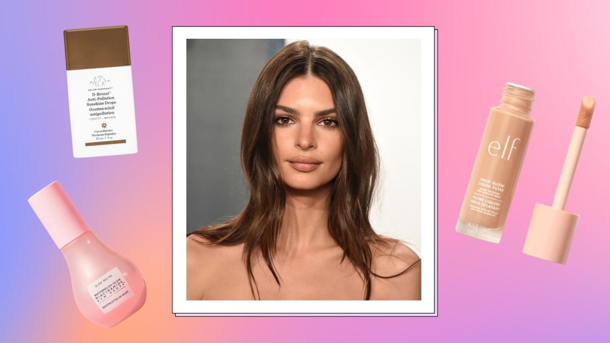  Emily Ratajkowski pictured with glowy makeup whilst attending the 2020 Vanity Fair Oscar Party/ in a pink, purple and orange template with with products from  Glow Recipe, Drunk Elephant and e.l.f 