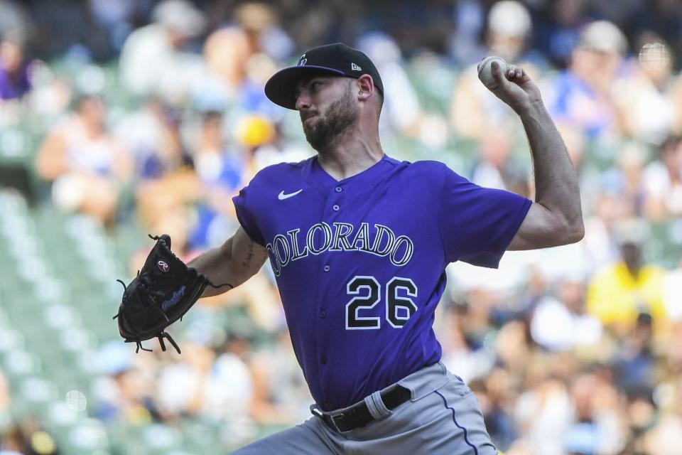 Colorado Rockies Austin Gomber pitches during the fourth inning of a baseball game against the Milwaukee Brewers, Sunday, July 24, 2022, in Milwaukee. (AP Photo/Kenny Yoo)