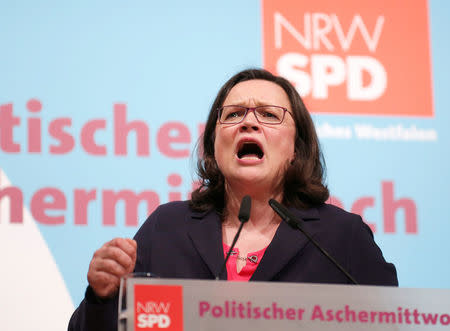 FILE PHOTO: Andrea Nahles of Social Democratic Party (SPD) delivers a speech during the traditional Ash Wednesday party meeting in Schwerte, Germany February 14, 2018. REUTERS/Leon Kuegeler/File Photo