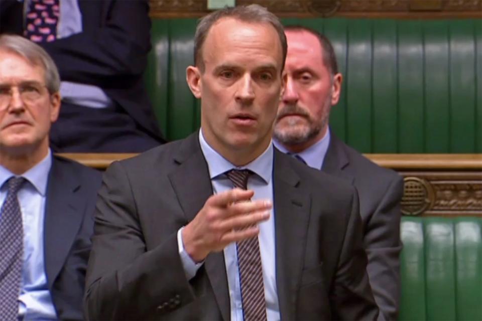 Dominic Raab speaks in the House of Commons in London on March 29, 2019.