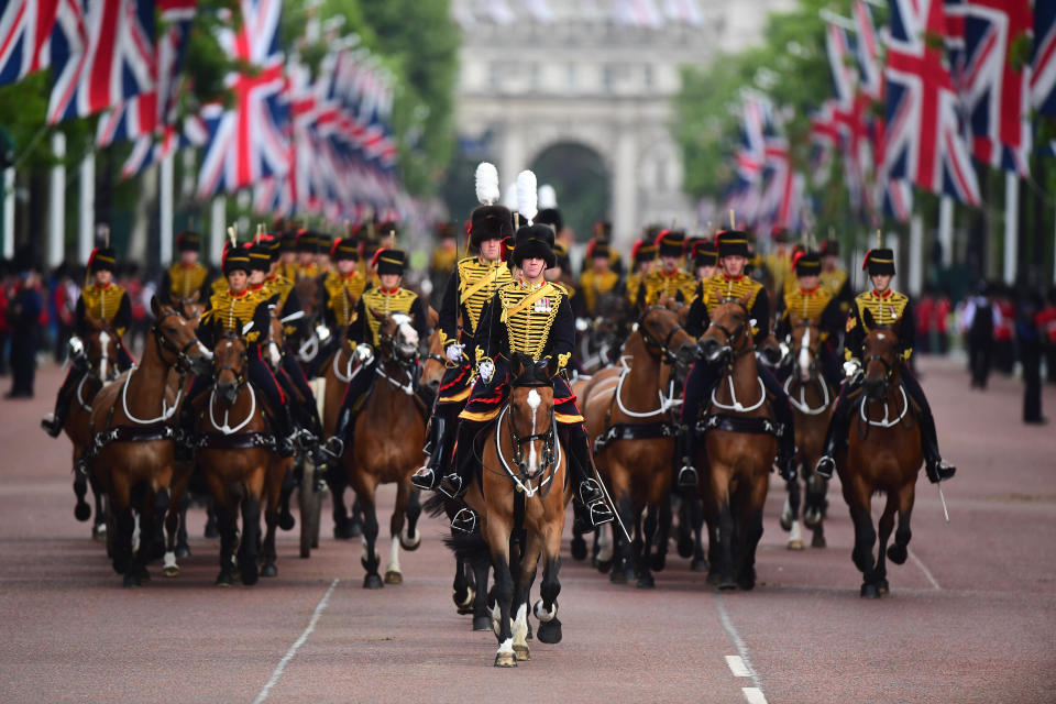 Soldiers take part in the parade along the Mall in London, after the Trooping the Colour ceremony.