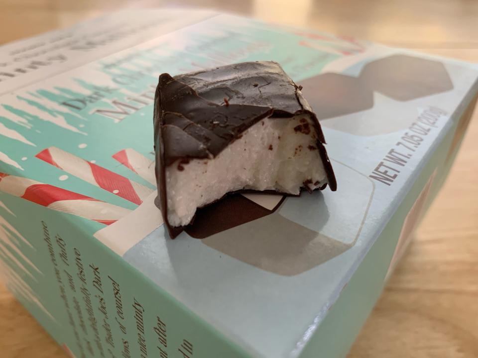trader joes minty mallow with bit taken out of it on blue box