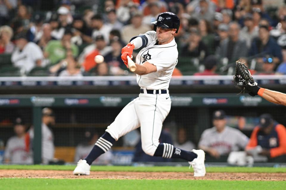 Tigers designated hitter Kerry Carpenter hits a single in the eighth inning of the Tigers' 9-2 loss to the Astros on Saturday, Aug. 26, 2023, at Comerica Park.