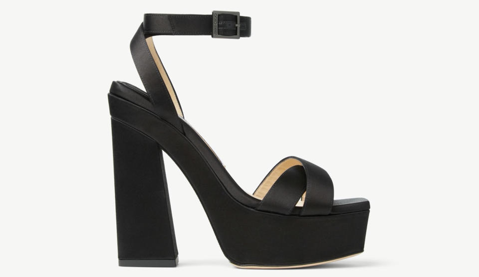 Jimmy Choo, sandals, heels, high heels, black heels, black sandals, satin heels, satin sandals, platforms, platform sandals, platform heels, block heels