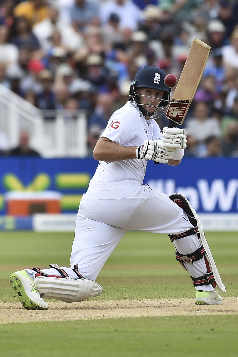 England's Joe Root plays a shot during the fourth day of the fifth cricket test match between England and India at Edgbaston in Birmingham, England, Monday, July 4, 2022. (AP Photo/Rui Vieira)