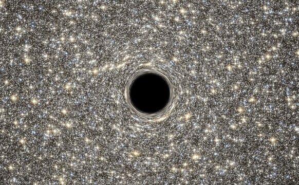 Artwork showing a quiet black hole against a starry background. Credit: NASA, ESA, D. Coe, G. Bacon (STScI)