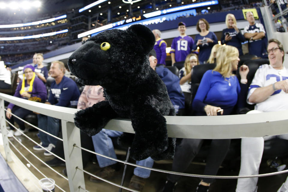 CORRECTS TO DELETE THE ADJECTIVE, OVERSIZED, TO DESCRIBE THE STAFFED ANIMAL WHICH IS 8 INCHES TALL - Fans place a toy black cat on the rail by end zone seating at an NFL football game between the Minnesota Vikings and Dallas Cowboys in Arlington, Texas, Sunday, Nov. 10, 2019. A black cat ran onto the field last week in a game between the Cowboys and the New York Giants. (AP Photo/Ron Jenkins)