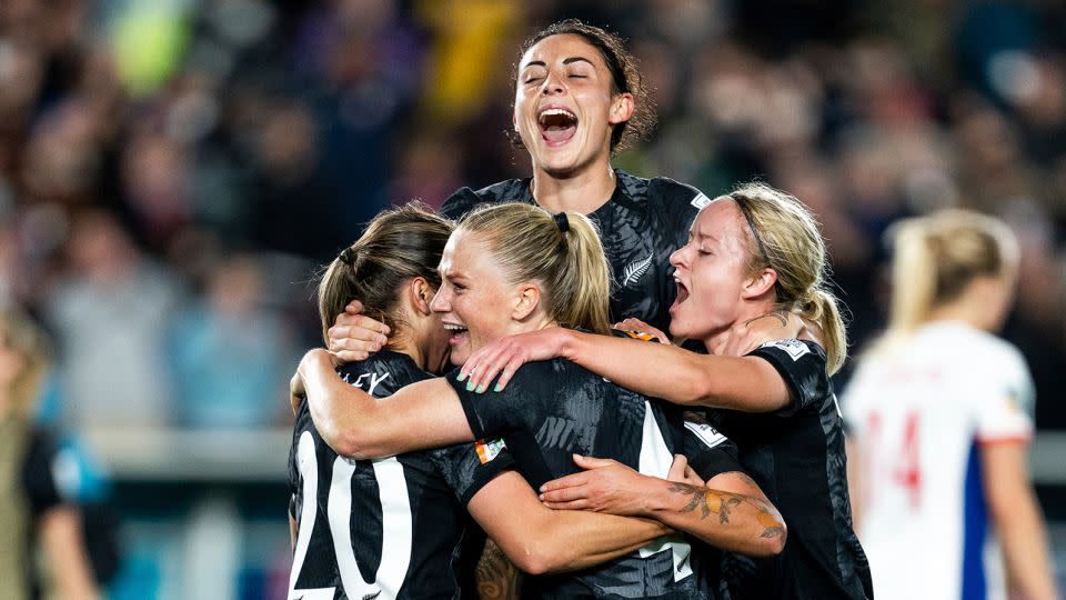 NZ players Michaela Foster and Claudia Bunge celebrate after the FIFA Women's World Cup football match between New Zealand and Norway on July 20, 2023. - Mathias Bergeld/SIPAPRE/Sipa/AP