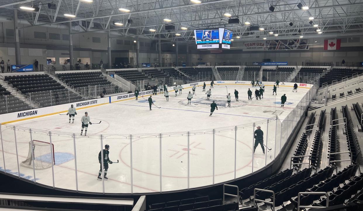 Michigan State's hockey team practices Thursday at the 3,100-capacity Centene Community Ice Center in Maryland Heights ahead of its NCAA tournament game against Western Michigan on Friday evening.