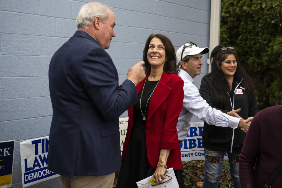 Carolyn Carluccio, Republican Pennsylvania Supreme Court candidate, arrives to vote at the Wissahickon Valley Public Library in Blue Bell, Pa. on Tuesday, Nov. 7, 2023. (AP Photo/Joe Lamberti)