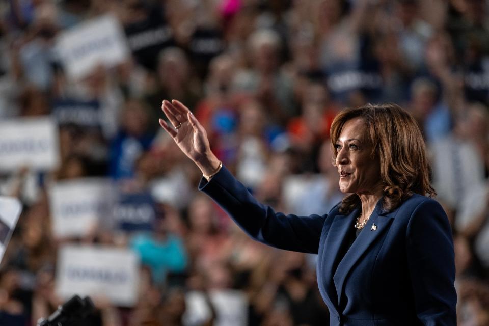 Democratic presidential candidate, Vice President Kamala Harris speaks to supporters during a campaign rally at West Allis Central High School in Wisconsin on July 23, 2024 (Getty Images)