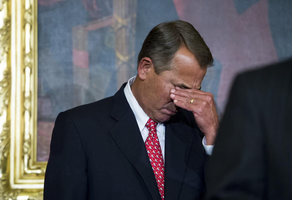 Speaker of the House John Boehner (R-Ohio) tears up during the ceremony to sign the Clay Hunt Suicide Prevention for American Veterans Act in the Capitol on Feb. 10, 2015.