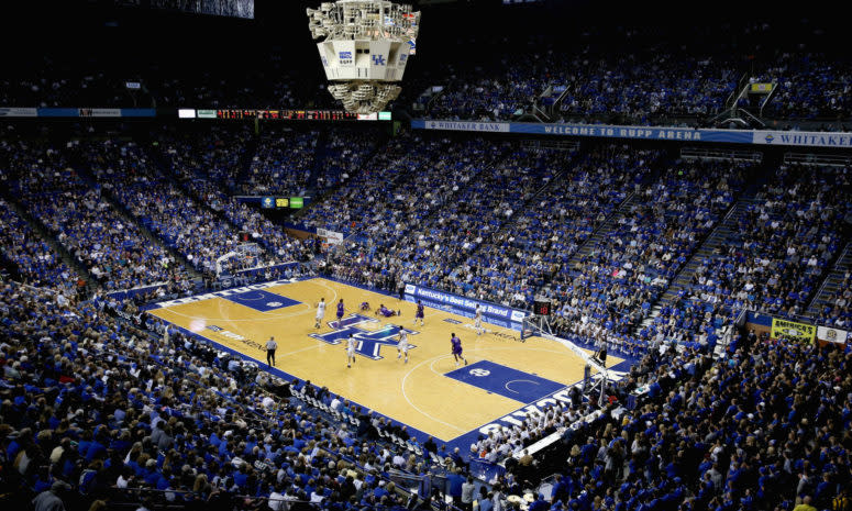 An overhead shot of Rupp Arena during a game.