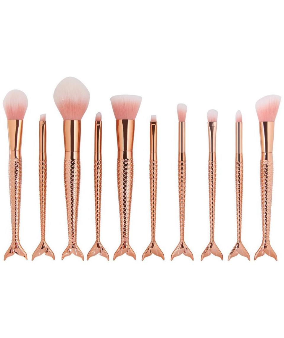 Coshine 10pcs/Set Rose Gold Unique Mermaid Makeup Brush Set Cosmetic Tools Kits