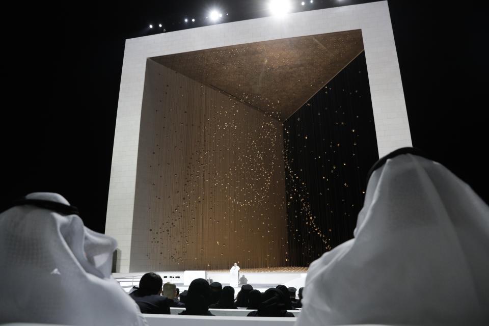 Pope Francis speaks during an Interreligious meeting at the Founder's Memorial in Abu Dhabi, United Arab Emirates, Monday, Feb. 4, 2019. Pope Francis arrived in Abu Dhabi on Sunday. His visit represents the first papal trip ever to the Arabian Peninsula, the birthplace of Islam. (AP Photo/Andrew Medichini)