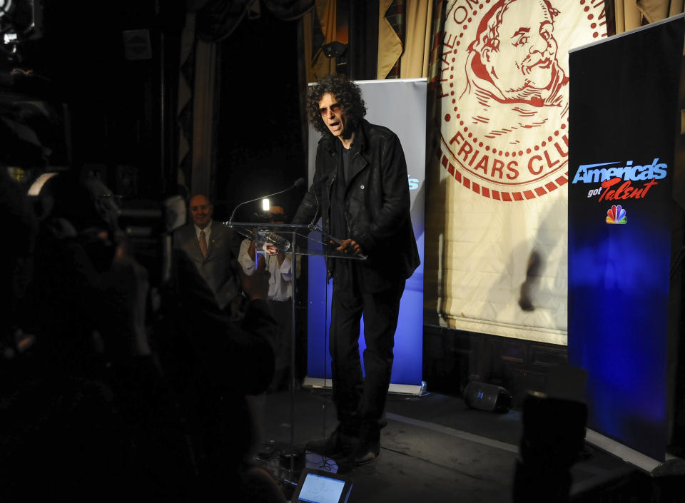 Satellite radio talk show host Howard Stern, speaks to the media about his new role as a judge on "America's Got Talent" at the Friars Club on Thursday, May 10, 2012 in New York. (AP Photo/Evan Agostini)