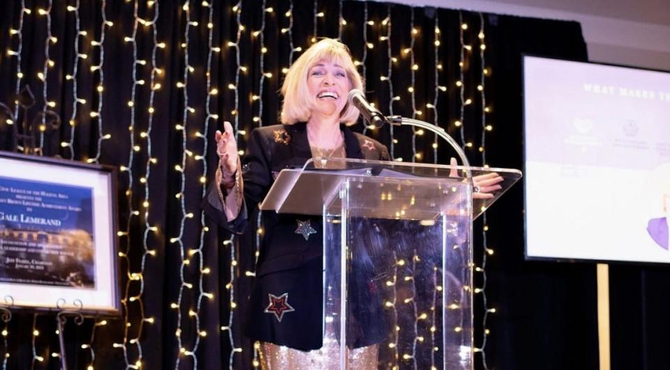 Nancy Lohman addresses the audience after getting installed as the 2024-2025 chair for the Civic League of the Halifax Area at the nonprofit group's annual dinner at Oceanside Country Club in Ormond Beach on Saturday, Jan. 20, 2024.