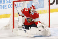 Florida Panthers goaltender Sergei Bobrovsky (72) makes a glove save against the Tampa Bay Lightning during the second period in Game 1 of an NHL hockey Stanley Cup first-round playoff series, Sunday, May 16, 2021, in Sunrise, Fla. (AP Photo/Joel Auerbach)