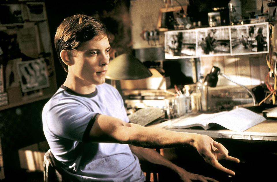 Peter Parker (Tobey Maguire) discovers his web-slinging powers after getting bit by a radioactive spider in "Spider-Man."