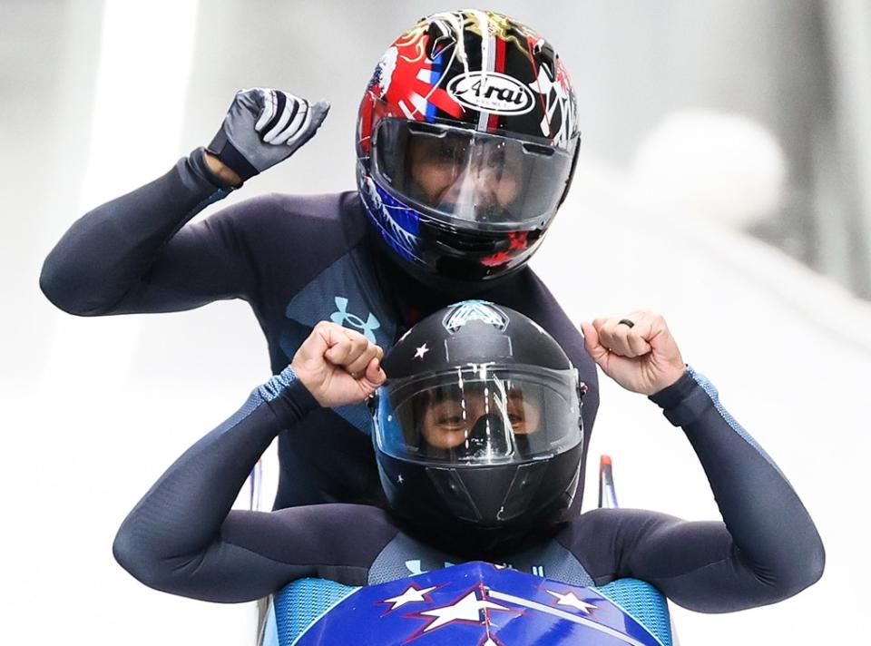 2022 Beijing Winter Olympics, Candids, Day 15, Elana Meyers Taylor and Sylvia Hoffman of the USA