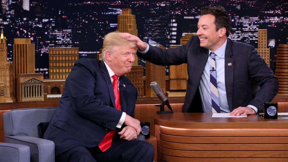 Trump apparently isn’t happy about the 2016 hair incident with Jimmy Fallon. Source: Getty