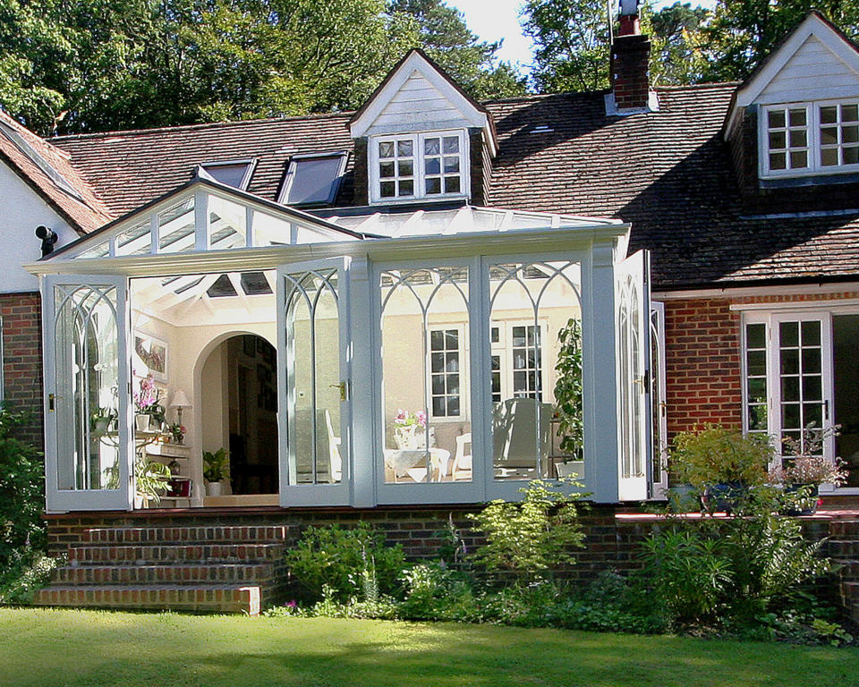 <p> Many house styles lend themselves naturally to classic white conservatories. These white frames not only look beautiful from the outside, they help bounce light around. While uPVC frames were popular for many years, painted wood is becoming a stronger choice.  </p> <p> ‘Traditional sustainable hardwoods are recommended,’ says Mark Wild, designer at Malbrook. ‘New ultra efficient eco glass specs will also future proof the new extension to add value to any home.’ Add further interest with decorative frames, such as gothic arches.  </p>