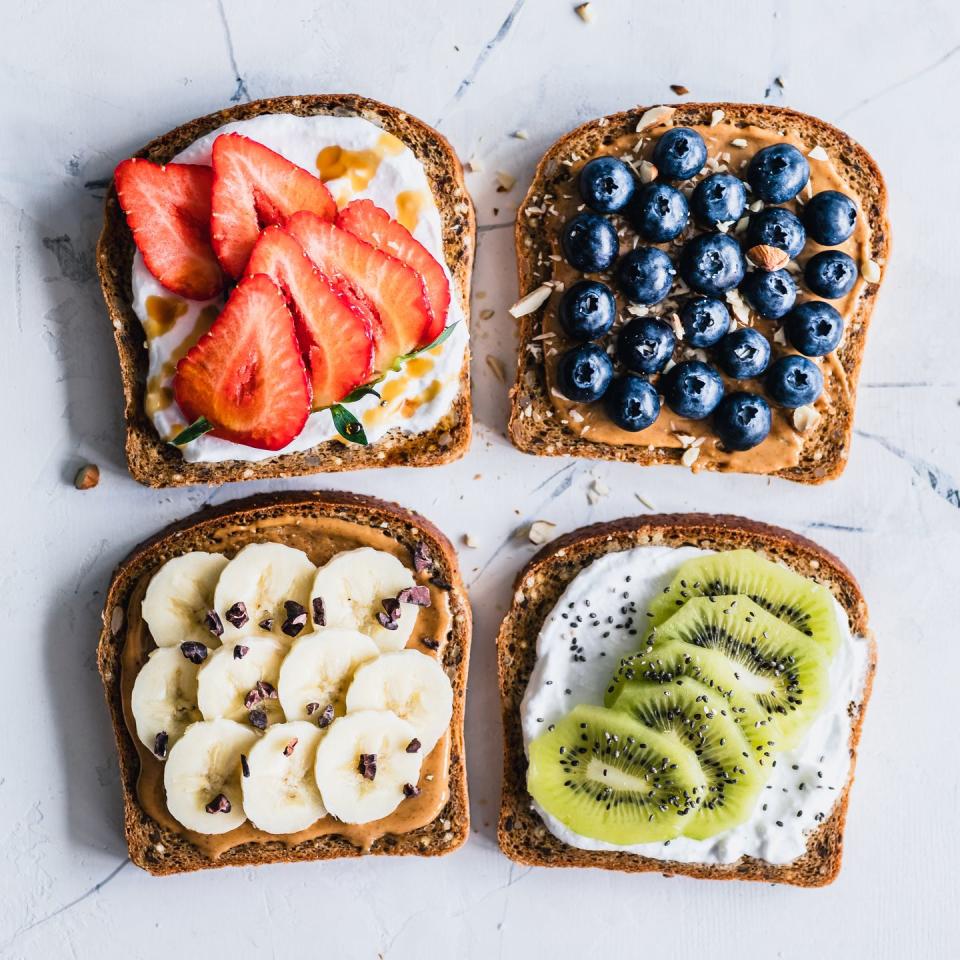 peanut butter and cream cheese toasts with fresh fruit