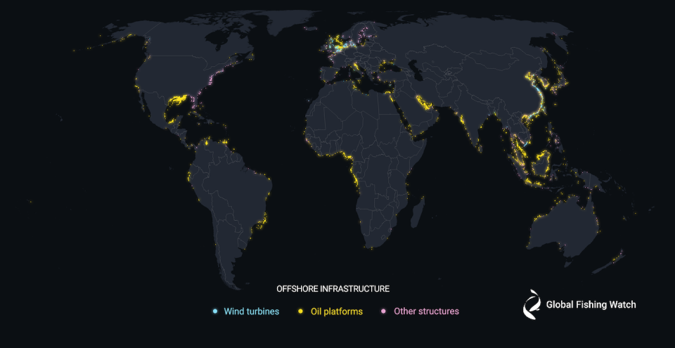 Researchers combined machine learning and satellite imagery to create the first global map of offshore infrastructure, spotlighting previously unmapped industrial use of the ocean. Global Fishing Watch, <a href="http://creativecommons.org/licenses/by-nd/4.0/" rel="nofollow noopener" target="_blank" data-ylk="slk:CC BY-ND;elm:context_link;itc:0;sec:content-canvas" class="link ">CC BY-ND</a>