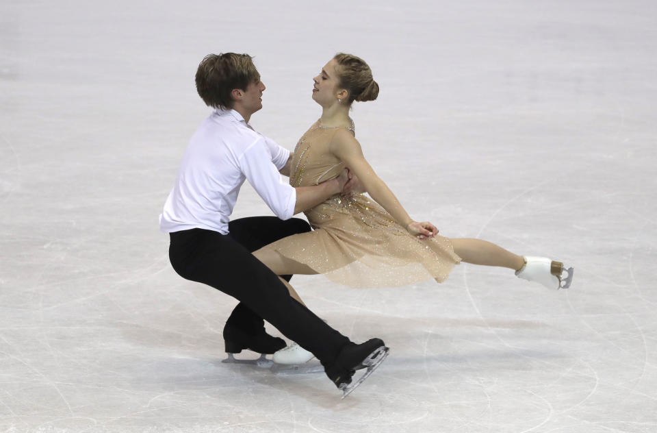 Leah Neset and Artem Markelov of The United States perform during the Junior Ice Dance Free Dance at the ISU World Junior Figure Skating Championships in Taipei, Taiwan, Saturday, March 2, 2024. (AP Photo/Chiang Ying-ying)