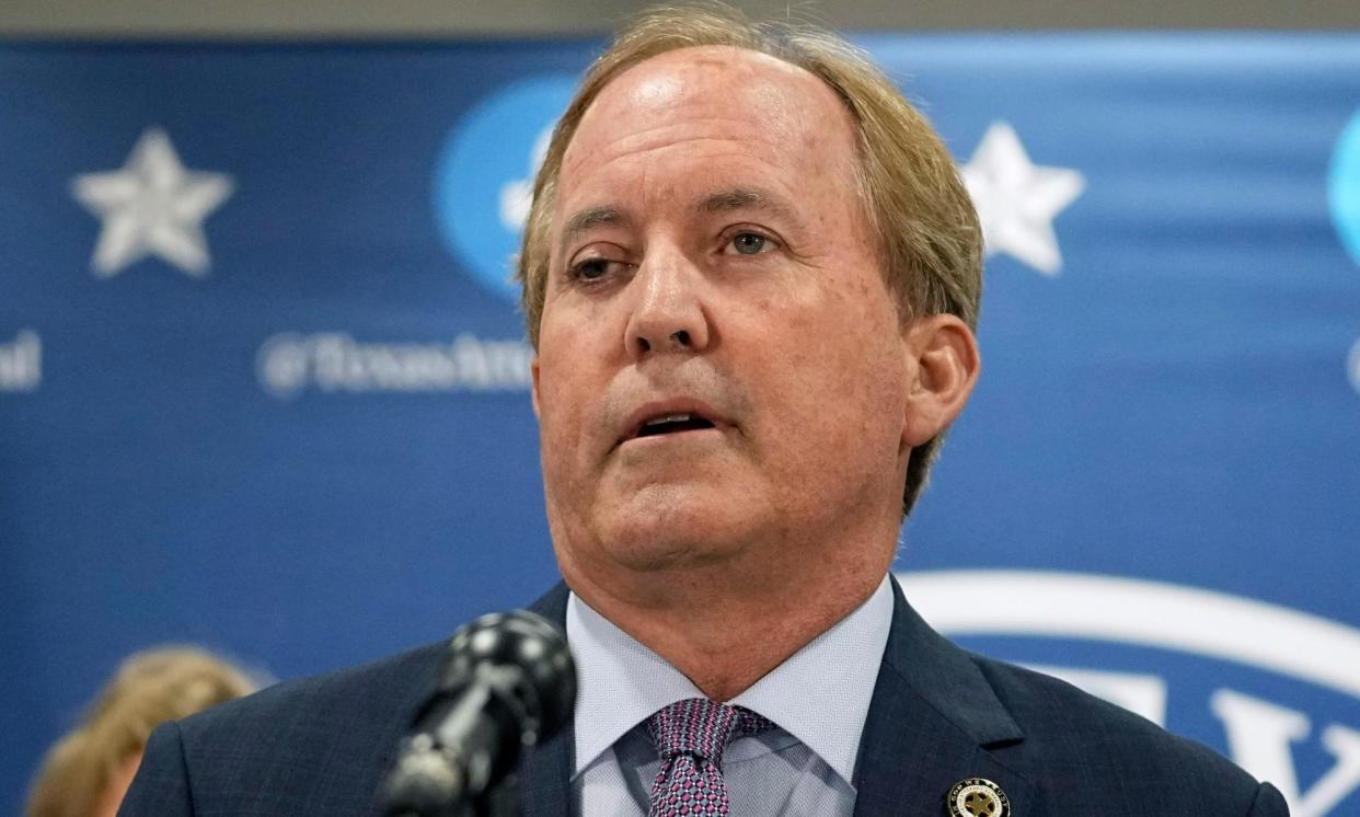 <span>Texas attorney general Ken Paxton makes a statement at his office in Austin, Texas, on 26 May 2023.</span><span>Photograph: Eric Gay/AP</span>